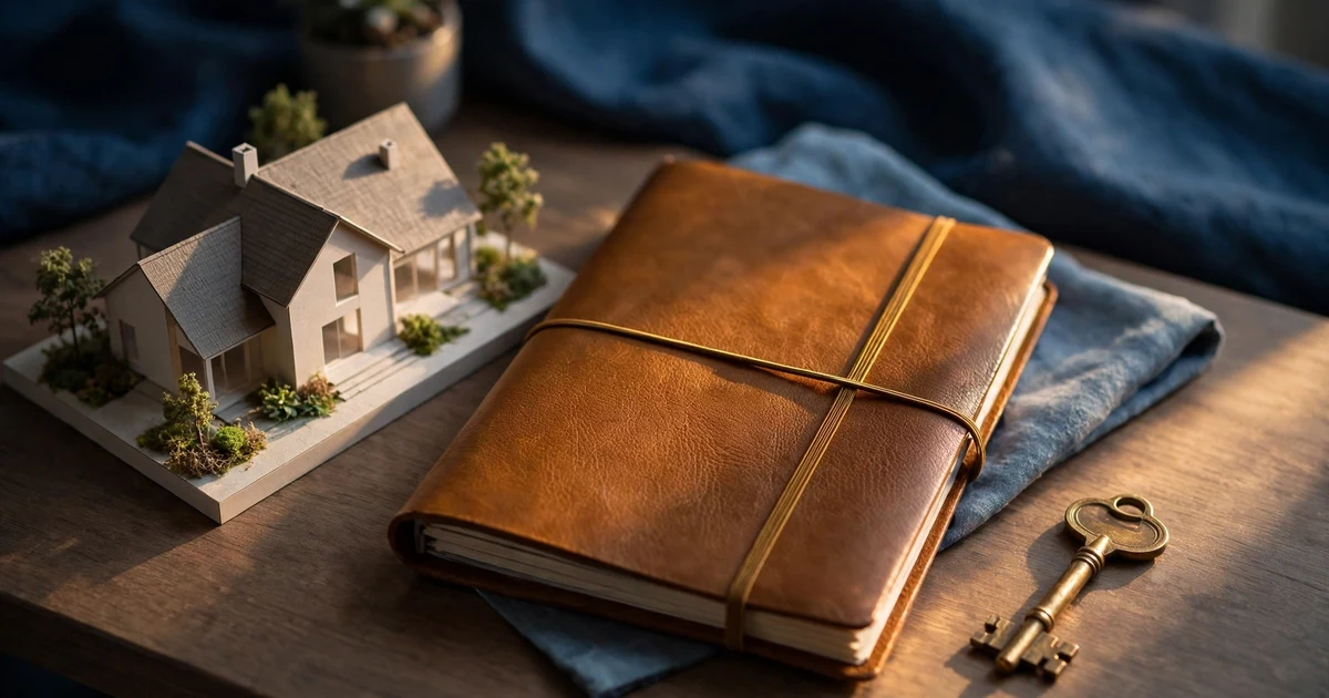 A small house model, a bound folder, and a brass key on a desk in warm evening light.