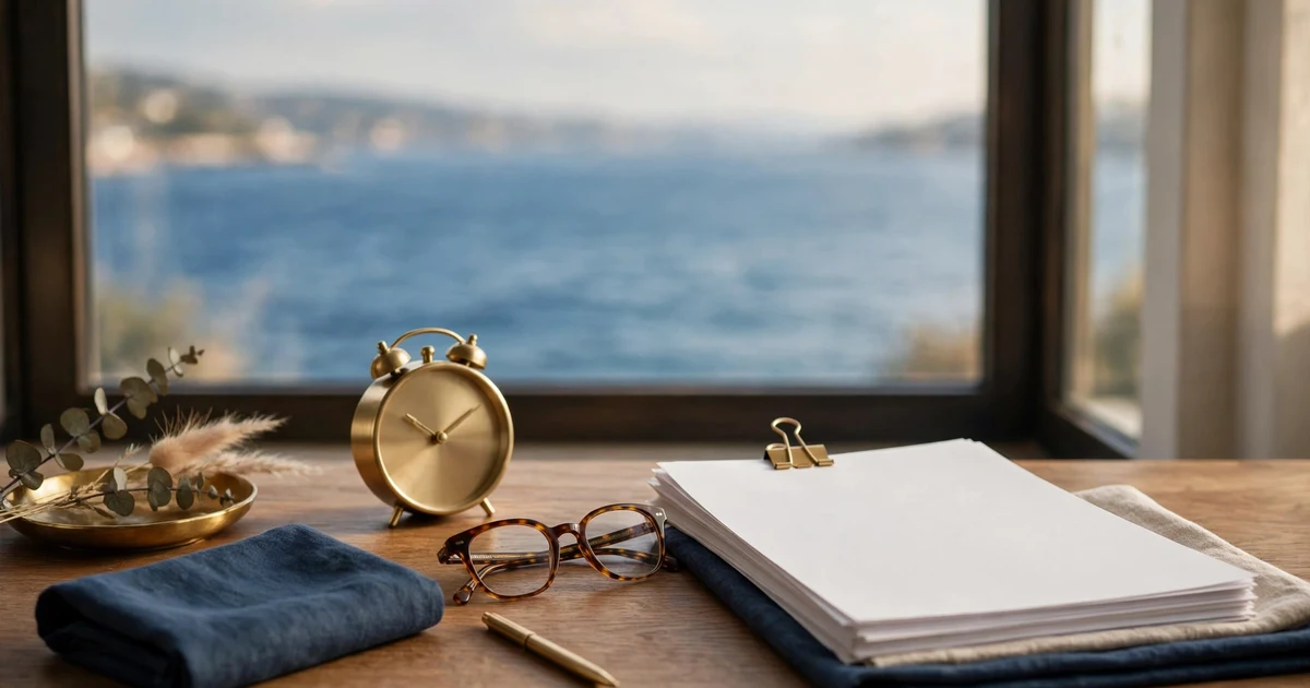 Blank retirement papers, a small clock, and reading glasses on a desk before a sea view.