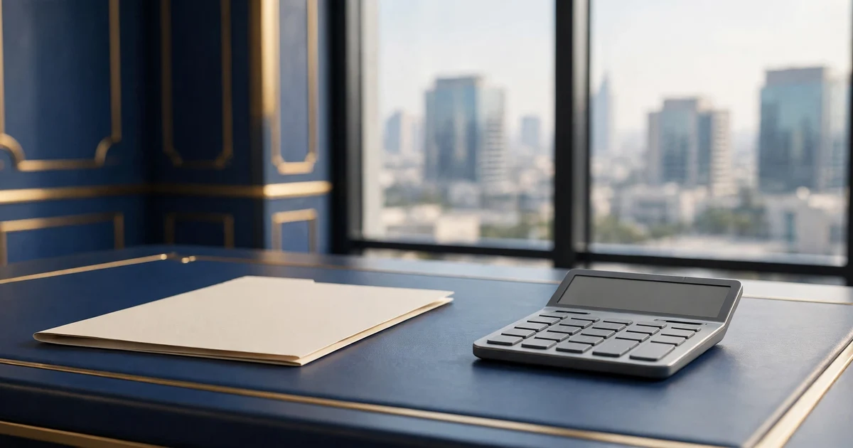 Service centre desk in Sharjah with a lease folder and calculator, office towers seen through the window