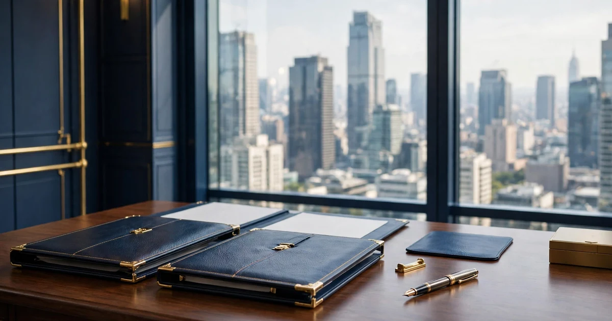 A private office desk with leather portfolio folders, a fountain pen and a view of financial district towers