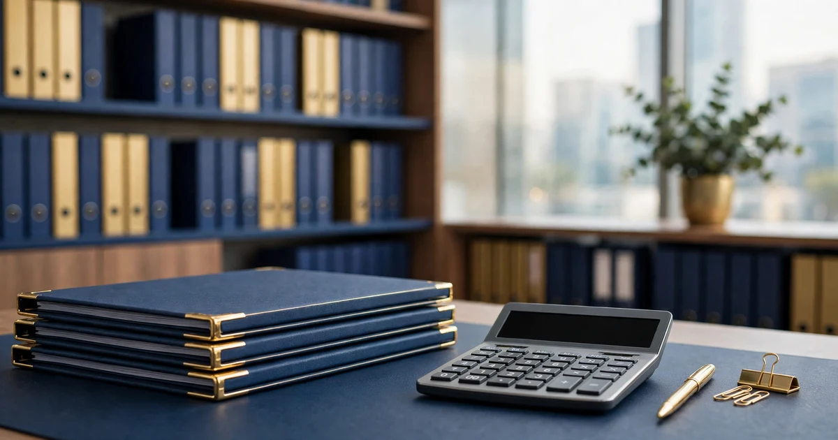 Closed audit folders and a calculator on a desk in a Sharjah free zone office, company files on shelves behind