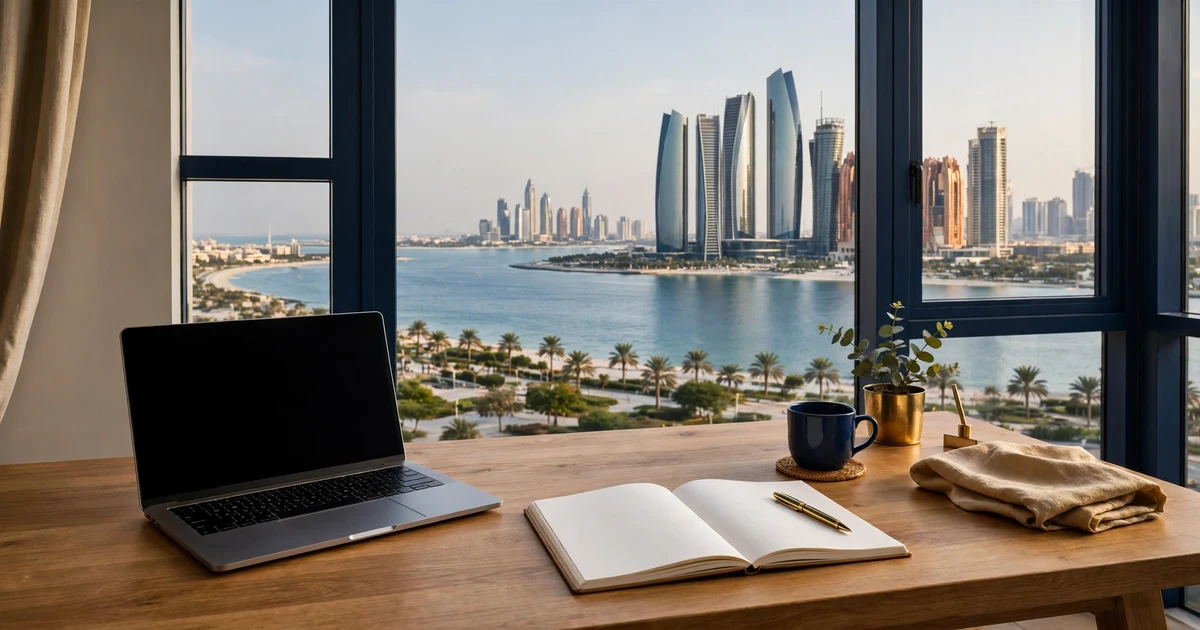 Home office desk with a laptop and notebook in Abu Dhabi, Corniche towers visible through the window