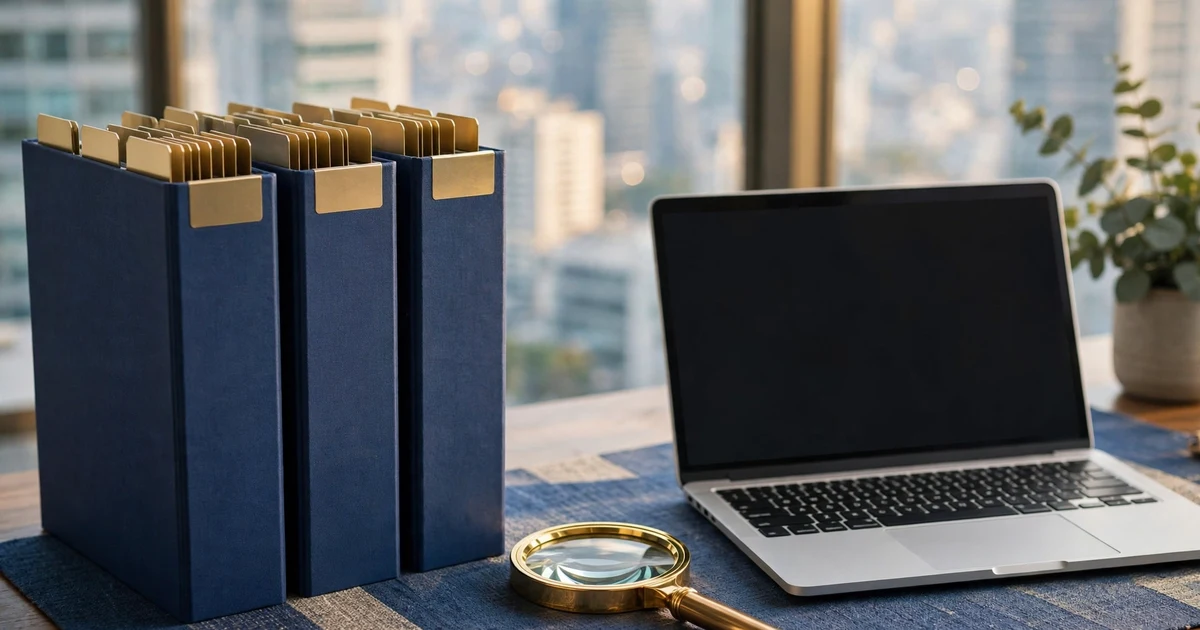 Tabbed evidence binders and a magnifying glass on a desk beside a laptop with a blank screen.