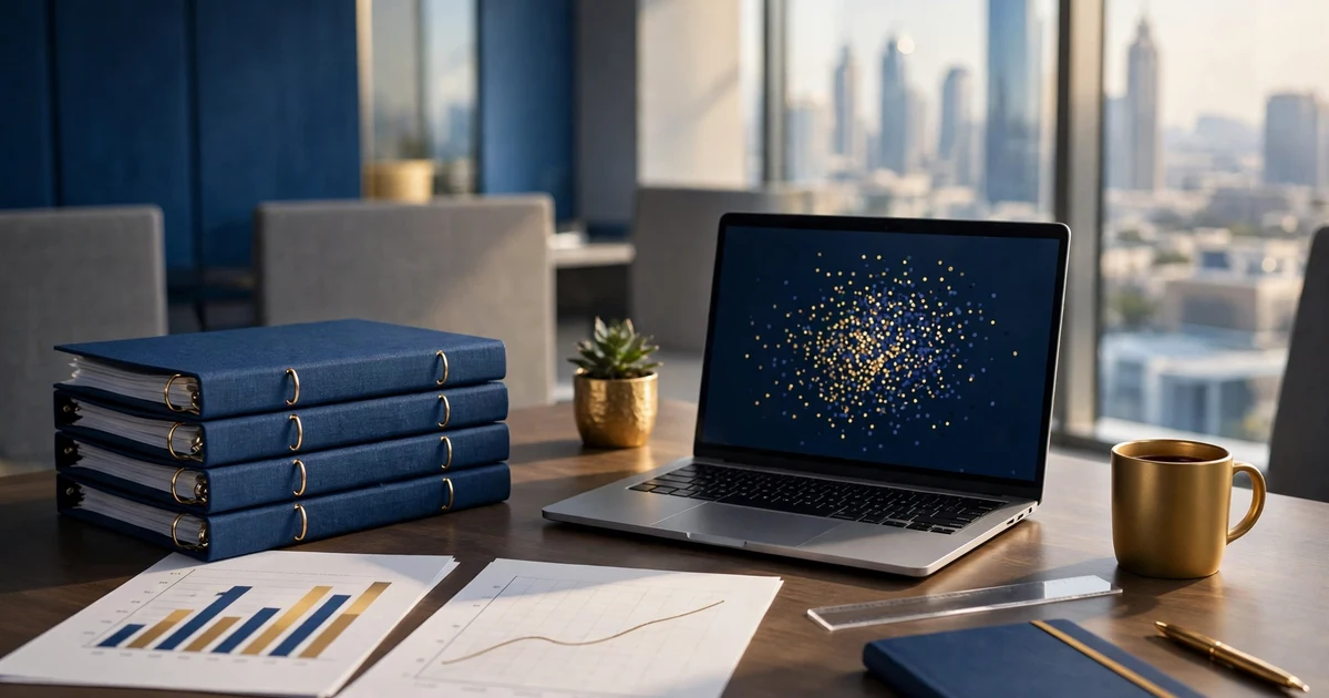 Blue binders, a laptop with an abstract scatter chart, and benchmarking charts on a desk before a city skyline.