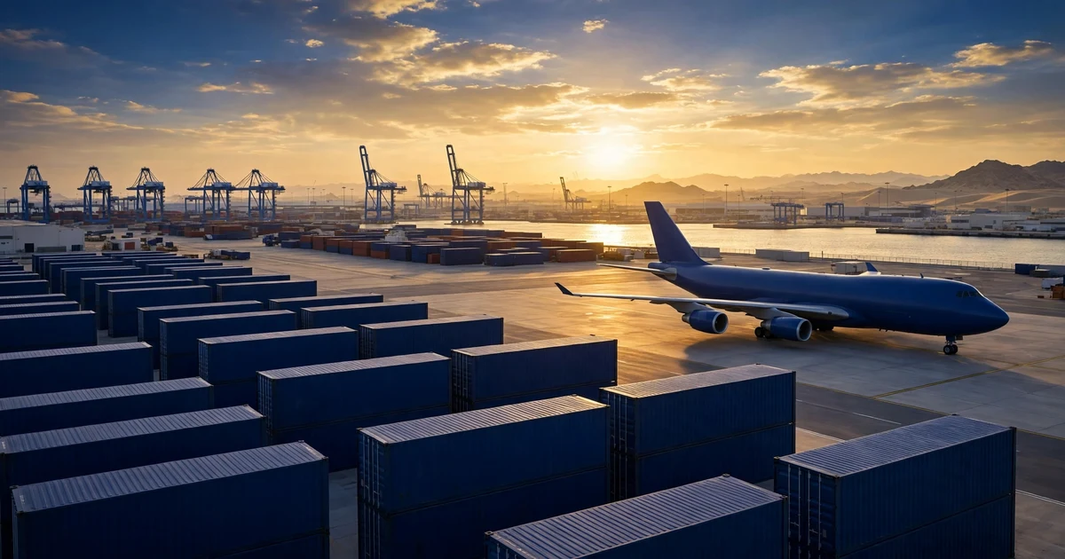 Cargo containers and a freight aircraft at an export terminal, representing zero-rated exports from the UAE