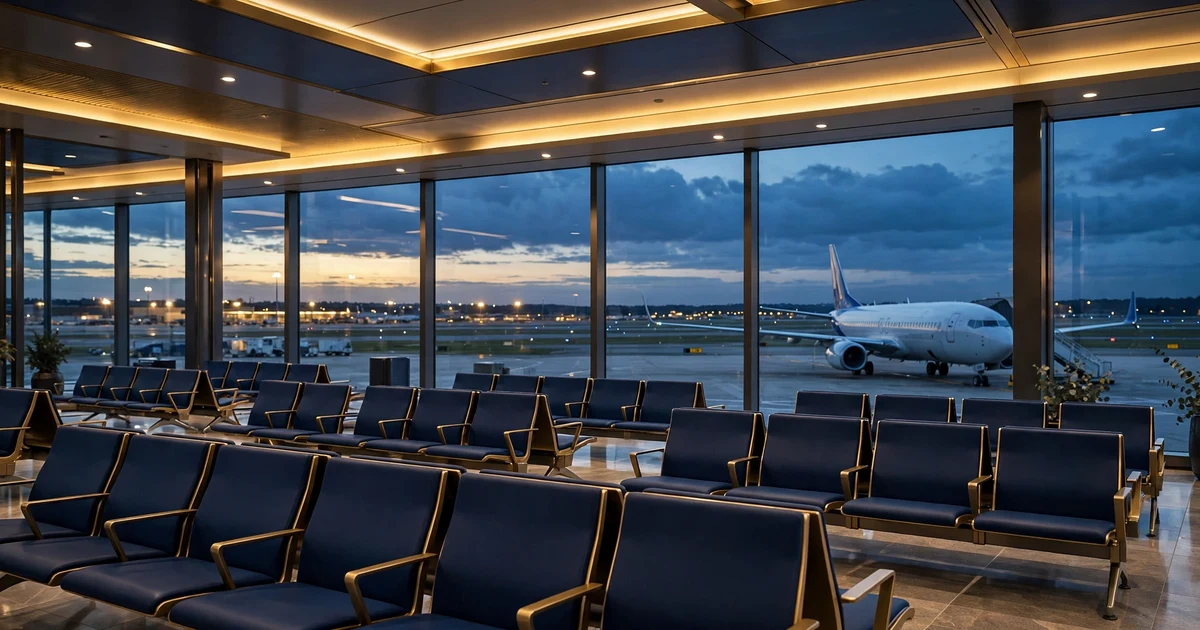 Empty airport departure lounge with rows of seats facing a large window and a parked aeroplane outside at dusk
