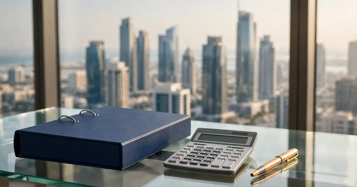 A first consultation meeting with UAE tax documents and a written scope on the table in lapis blue and gold