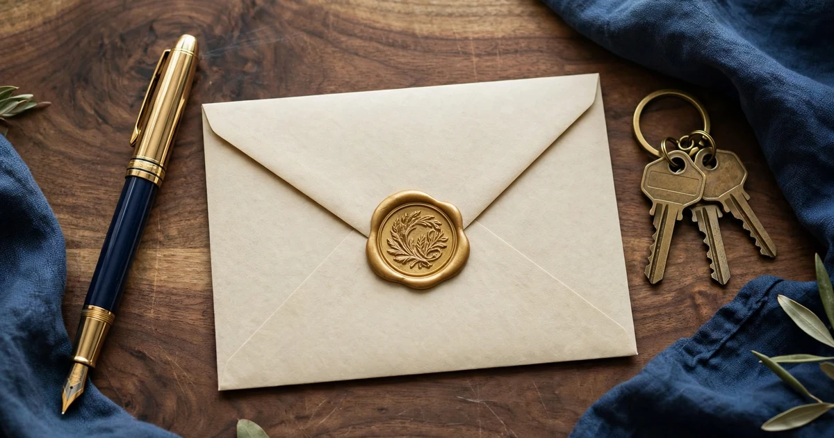 A sealed envelope with a wax seal, a fountain pen, and house keys on a walnut desk.