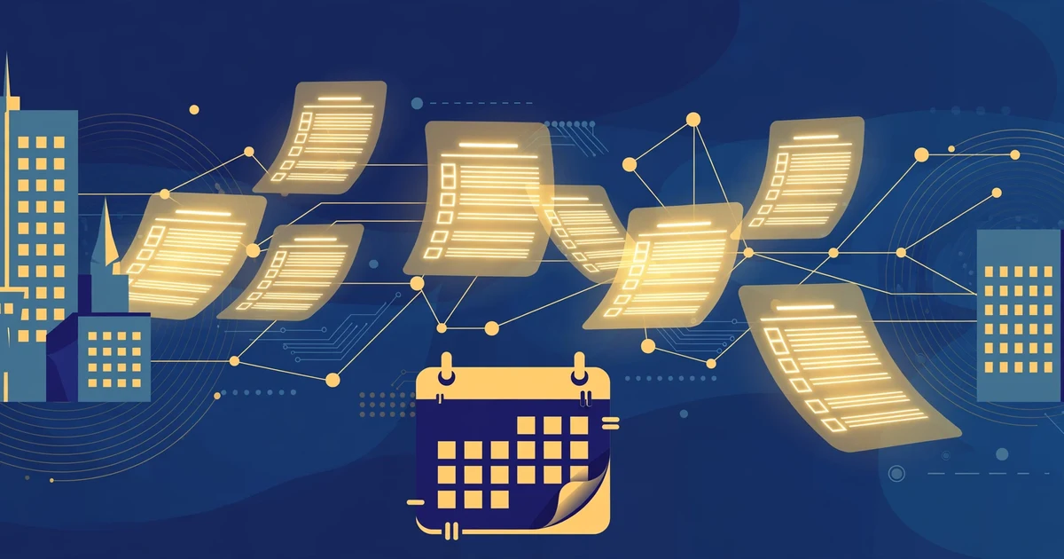 Calendar page at late October 2026 beside a digital invoice network diagram in lapis blue and gold