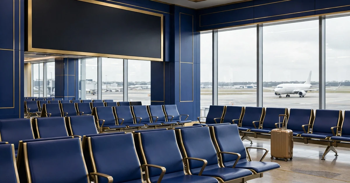 An empty airport departure gate with blank screens and a suitcase, in lapis blue and gold.