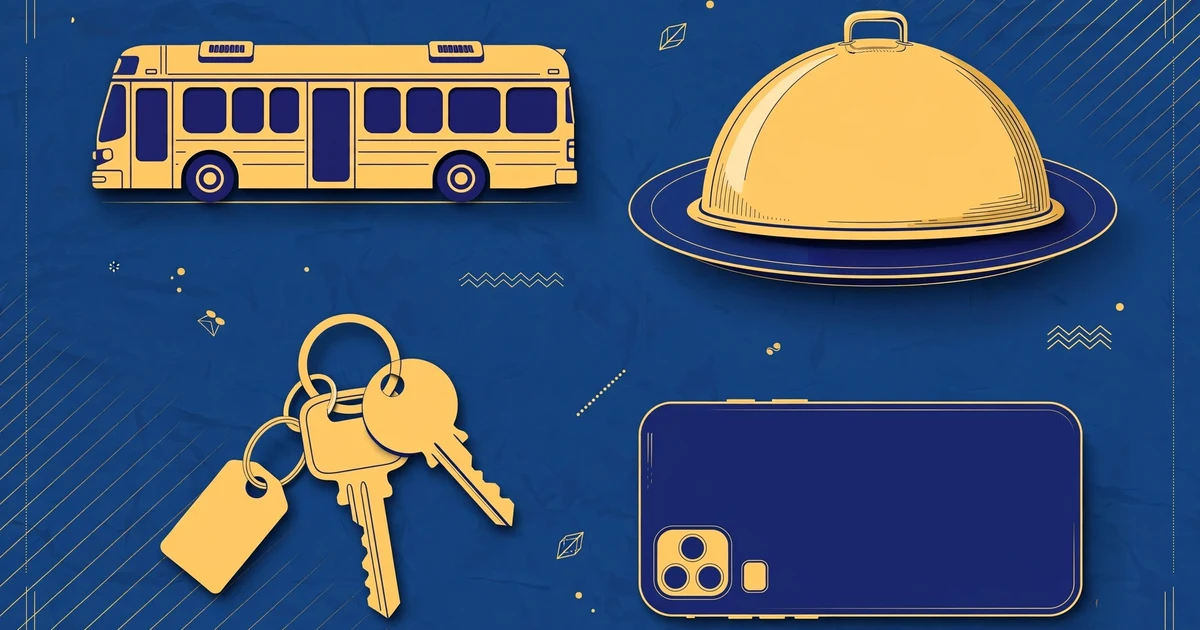 Staff shuttle bus, meal tray, apartment key, phone and parking ticket arranged in lapis blue and gold