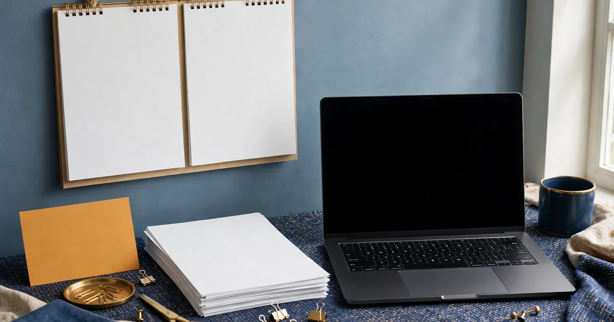 A blank calendar page beside a plain amber warning card over digital invoices, in lapis blue and gold.