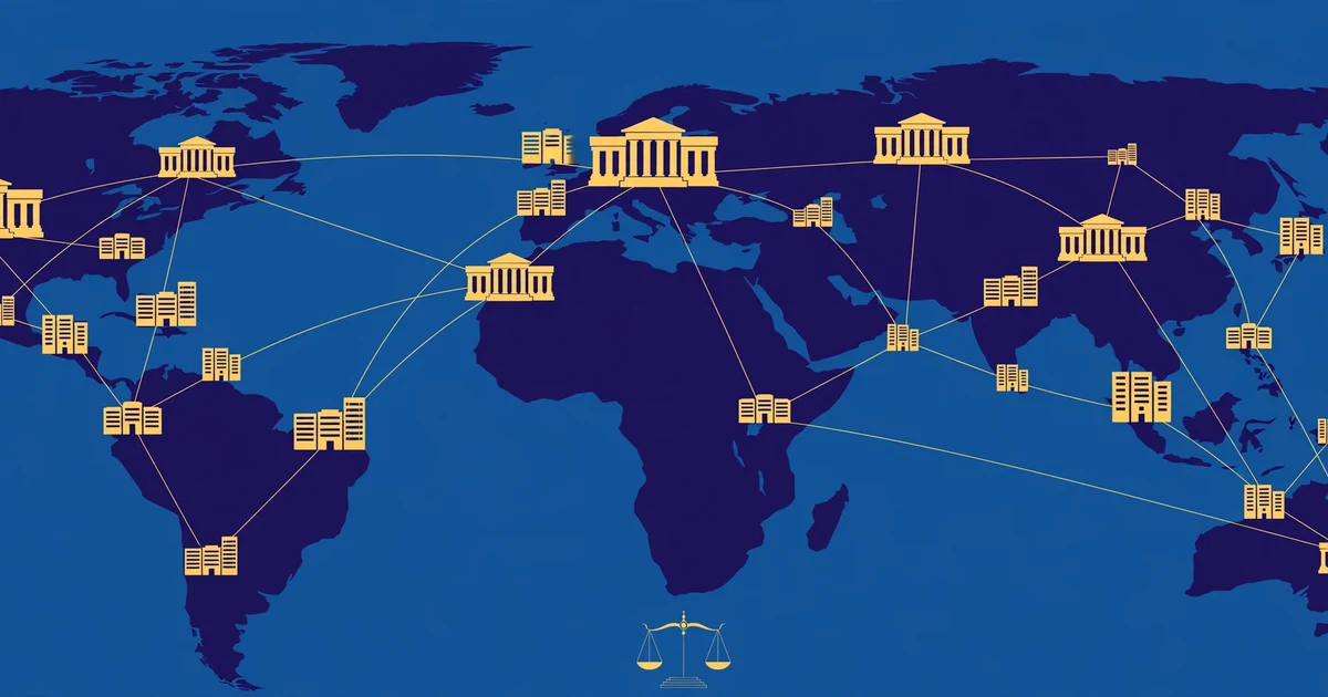 Global corporate group structure diagram converging on a 15 percent marker in lapis blue and gold